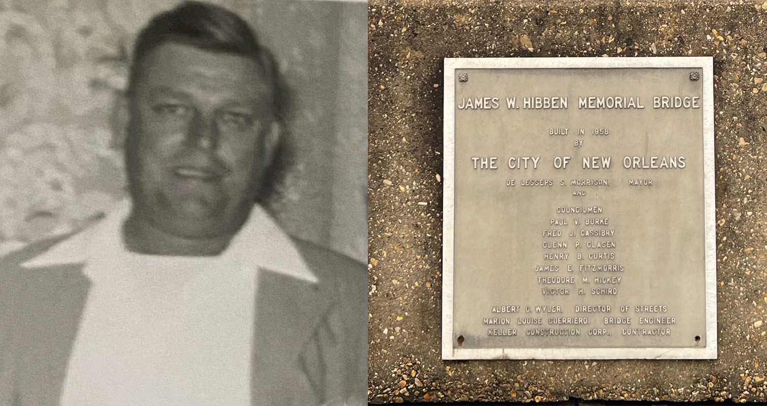 A carpenter employed by the Orleans Parish public school system, James "Shavey" Hibben died March 2, 1958 at age 43. He left behind a wife and six children. The New Orleans City Council voted unanimously on June 12, 1958, to name the Holiday Drive bridge over the Algiers Outfall Canal in his honor.